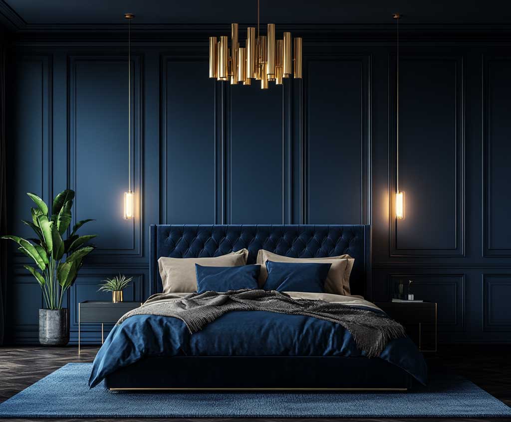 A luxurious bedroom with deep navy blue wall panelling, sleek gold accents, and velvet bedding. The room is softly lit by a modern chandelier, and the floor features dark wood planks for a rich contrast. The overall vibe is upscale and cozy, perfect for a chic bedroom setting.