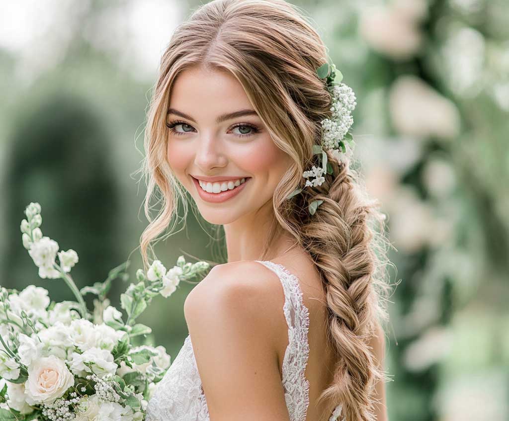 A smiling bride with long, ash blonde hair styled into a thick, intricate braid that drapes over one shoulder. Delicate mint green and ivory flowers are woven through the braid, adding a subtle pop of color. The bride’s face is softly framed by loose strands, with a backdrop of an outdoor wedding in a lush, green garden.