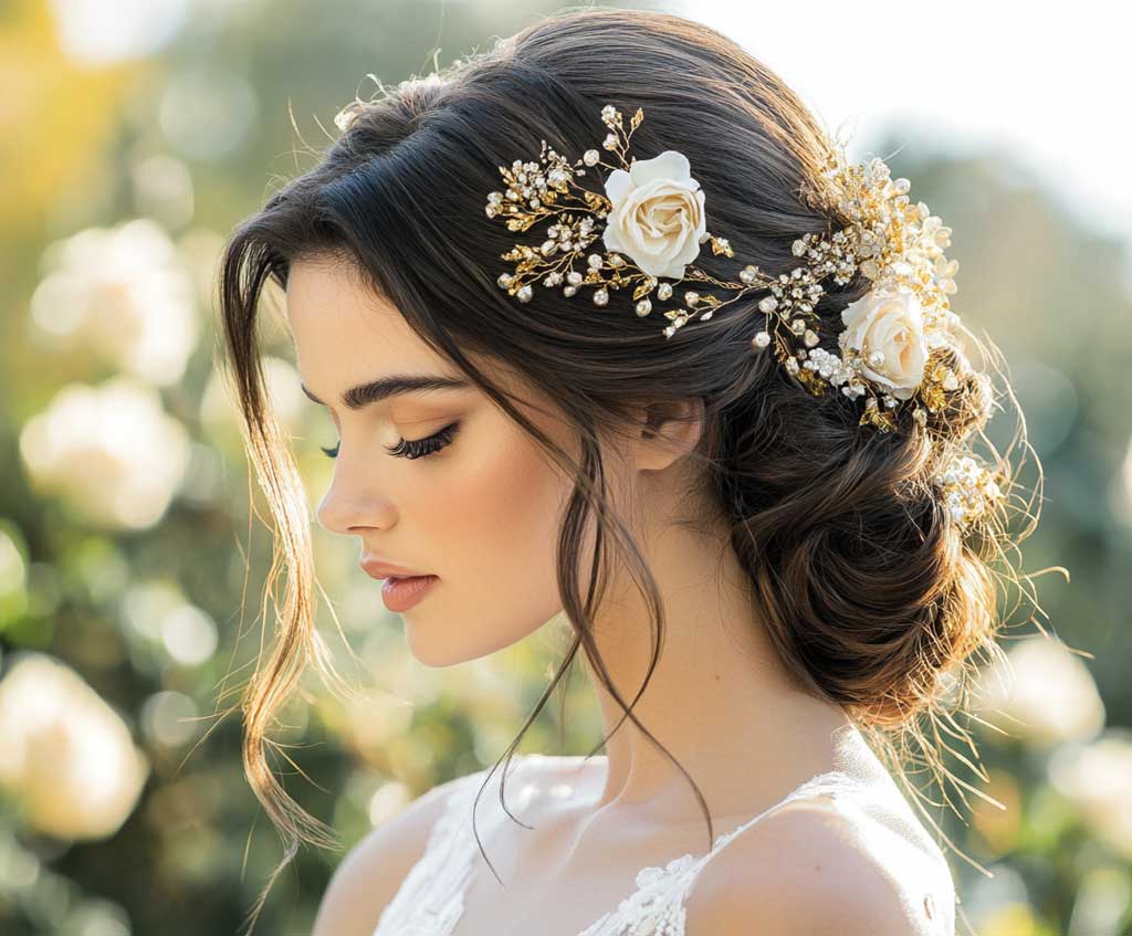 A bride with long, flowing hair styled into a romantic, intricate updo. Her dark brown hair is delicately pinned with golden and ivory floral hairpieces that shimmer in the light. The updo is slightly loose, with soft tendrils framing her face, set against a blurred outdoor background of soft ivory roses and greenery.