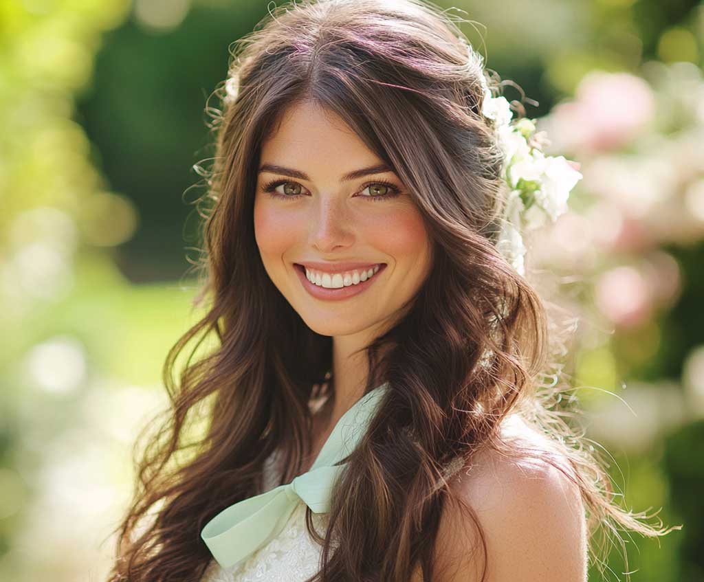 A smiling bride with long, dark brown hair styled into loose, flowing waves. Mint green and ivory ribbons are delicately tied through the waves, adding a soft, elegant touch. Her face is framed by gentle curls, set against a sunlit outdoor wedding venue with pastel flowers in the background.