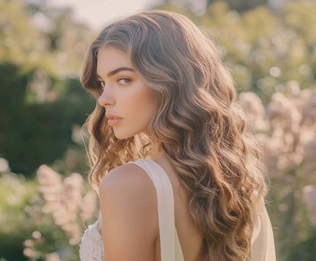 A bride with waist-length, wavy hair styled with soft volume, featuring subtle golden highlights shimmering in the sunlight. Her hair is adorned with long ivory ribbons cascading down the back, flowing effortlessly alongside her voluminous waves. The setting is a dreamy outdoor garden with gentle pastel colors in the background.