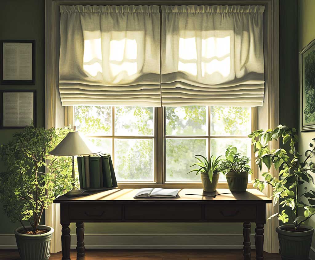 A cozy study room with wide windows, covered with ivory Roman shades neatly folded at the top, forest green valances adding a decorative touch, dark wood desk beneath the window, green plants in ceramic pots on either side, natural light casting soft shadows, creating a serene and refined workspace — photorealistic, neat, warm, and peaceful.