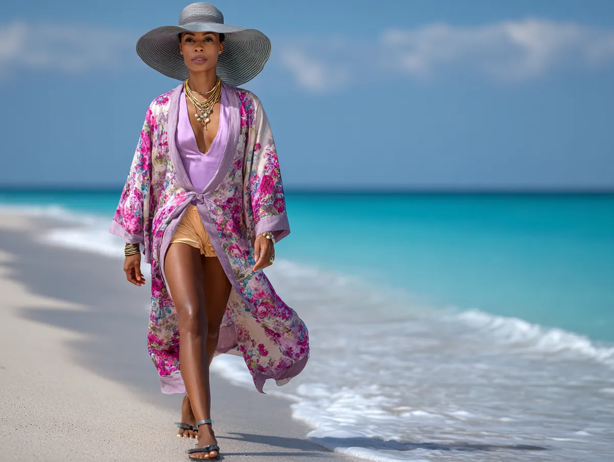 Floral kimono styled over a swimsuit at the beach