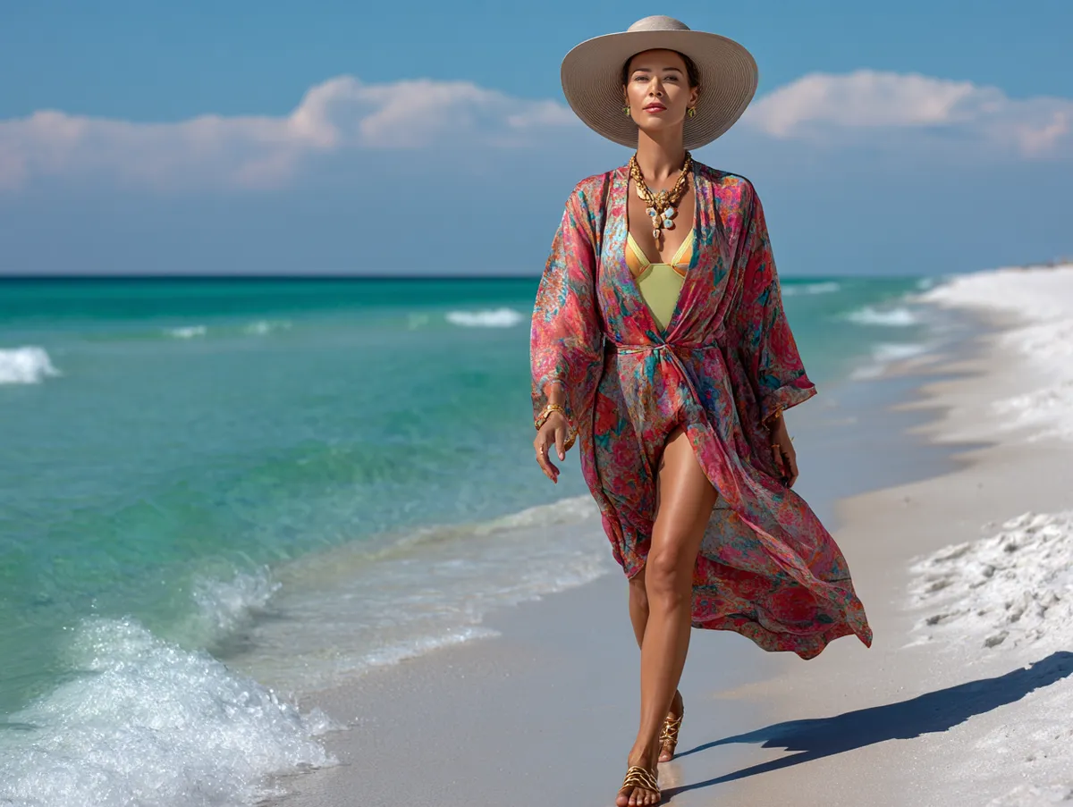 Beach outfit with a flowy floral print kimono