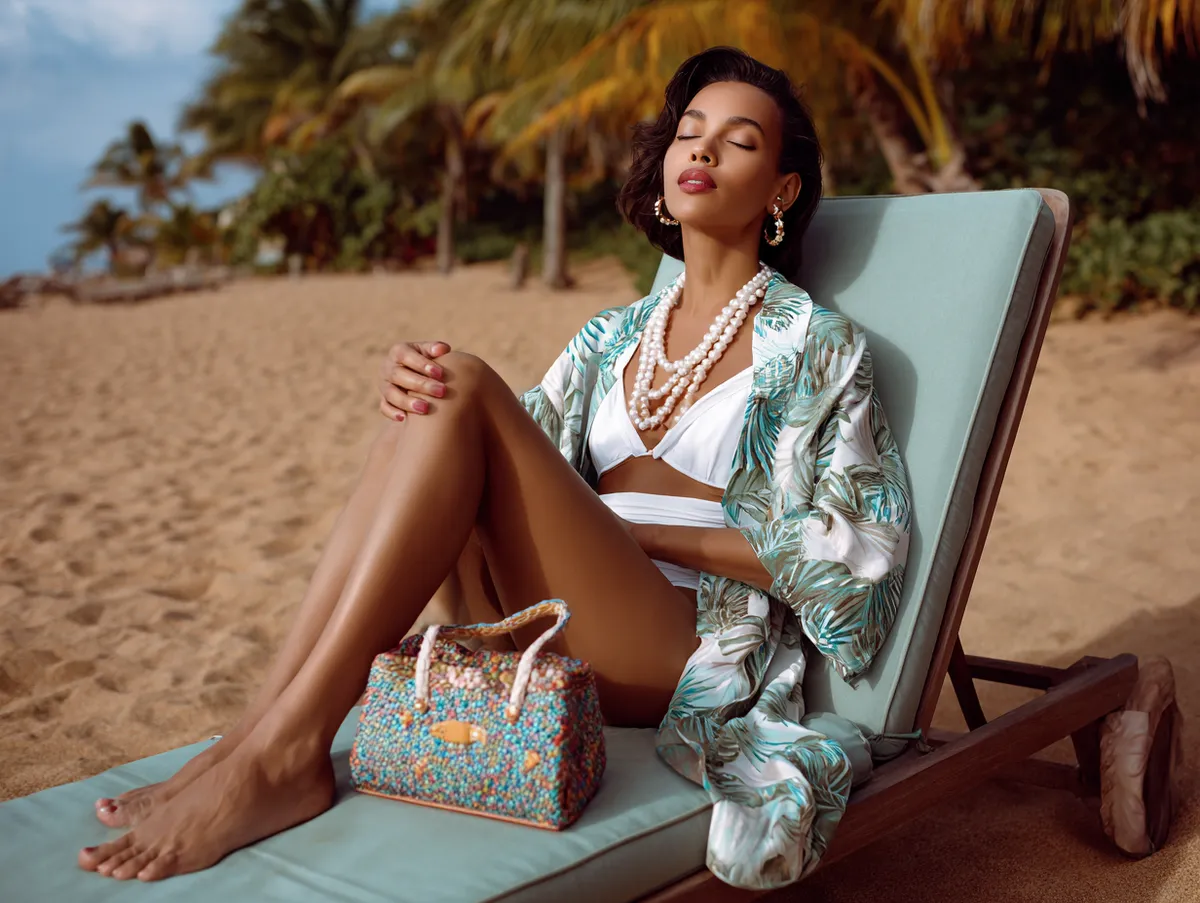 Beach outfit with a bold leaf pattern kimono