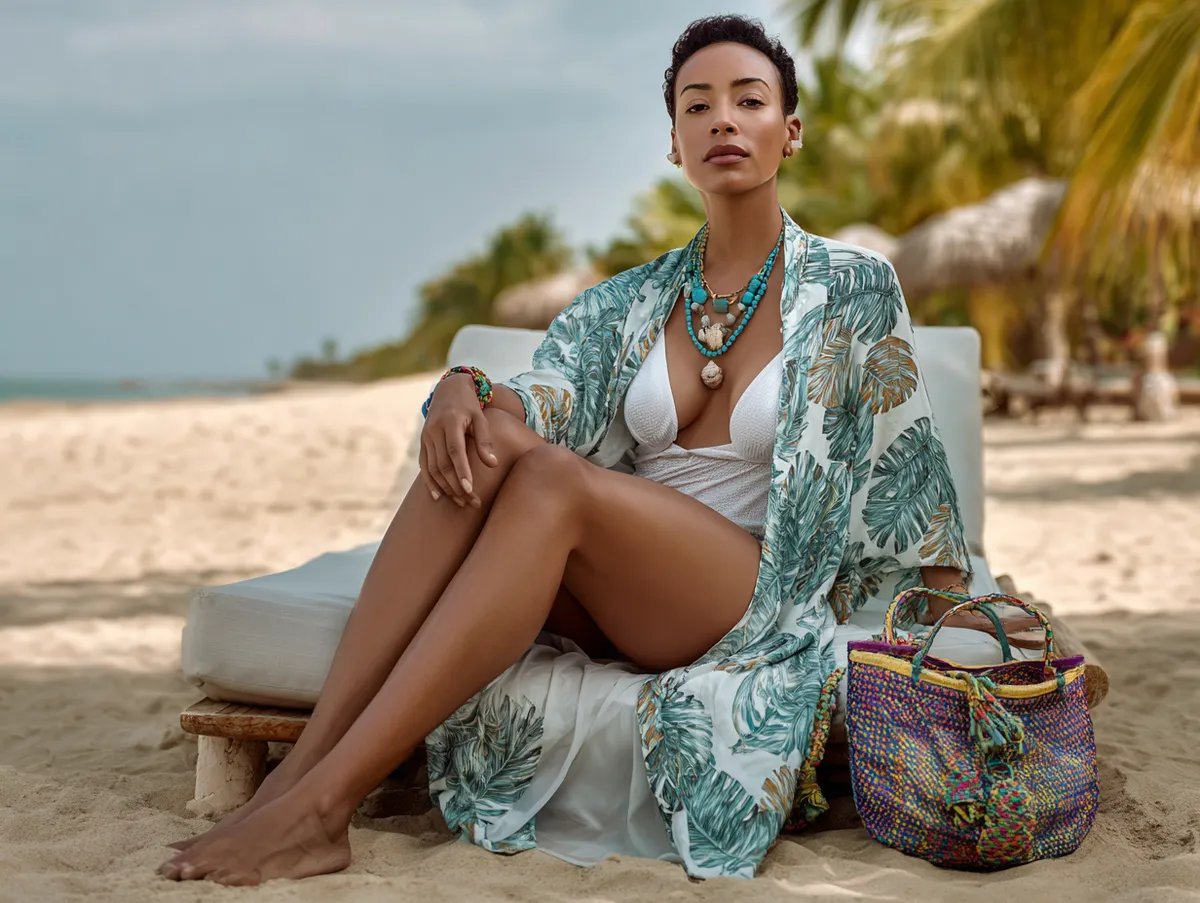 Palm leaf kimono worn as a beach cover-up