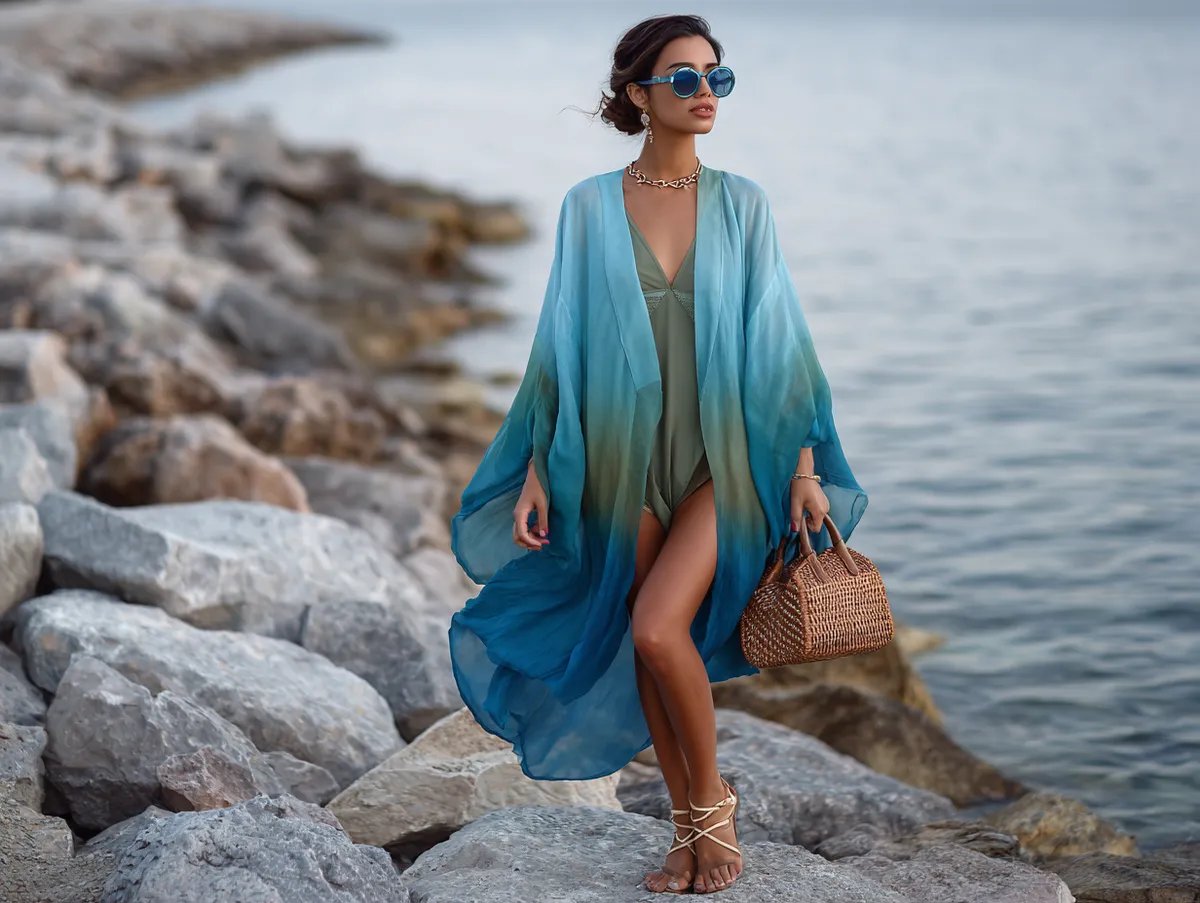 Gradient blue kimono beach outfit idea
