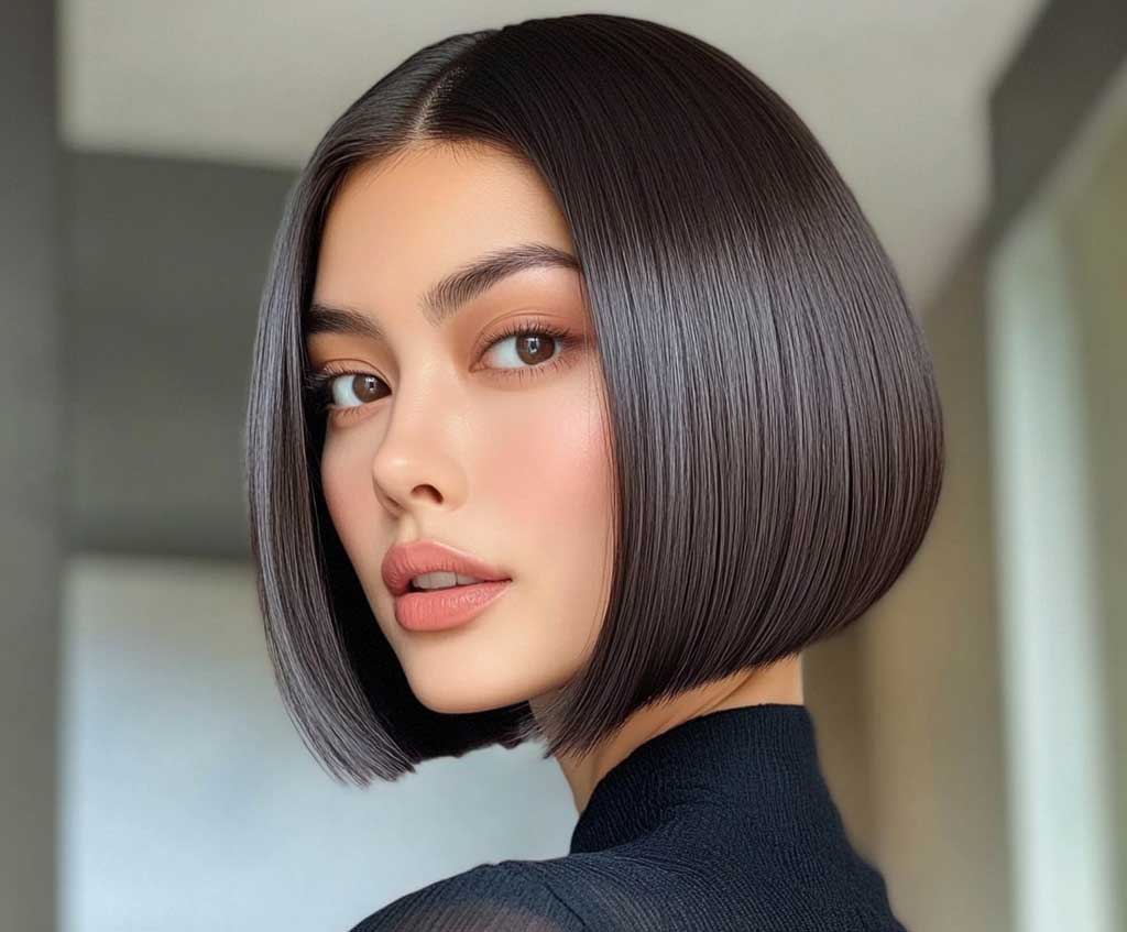 A close-up of a woman with a blunt cut bob in midnight black. Her hair is cut evenly across, creating a clean, sharp line just below the chin. The midnight black color has a glossy finish, enhancing the sleekness of the bob. The woman’s face is softly highlighted, with minimal makeup that accentuates her natural beauty. The background is modern and minimalistic, putting emphasis on the sharp, sleek lines of her blunt bob. Soft lighting brings out the shine in the midnight black color.