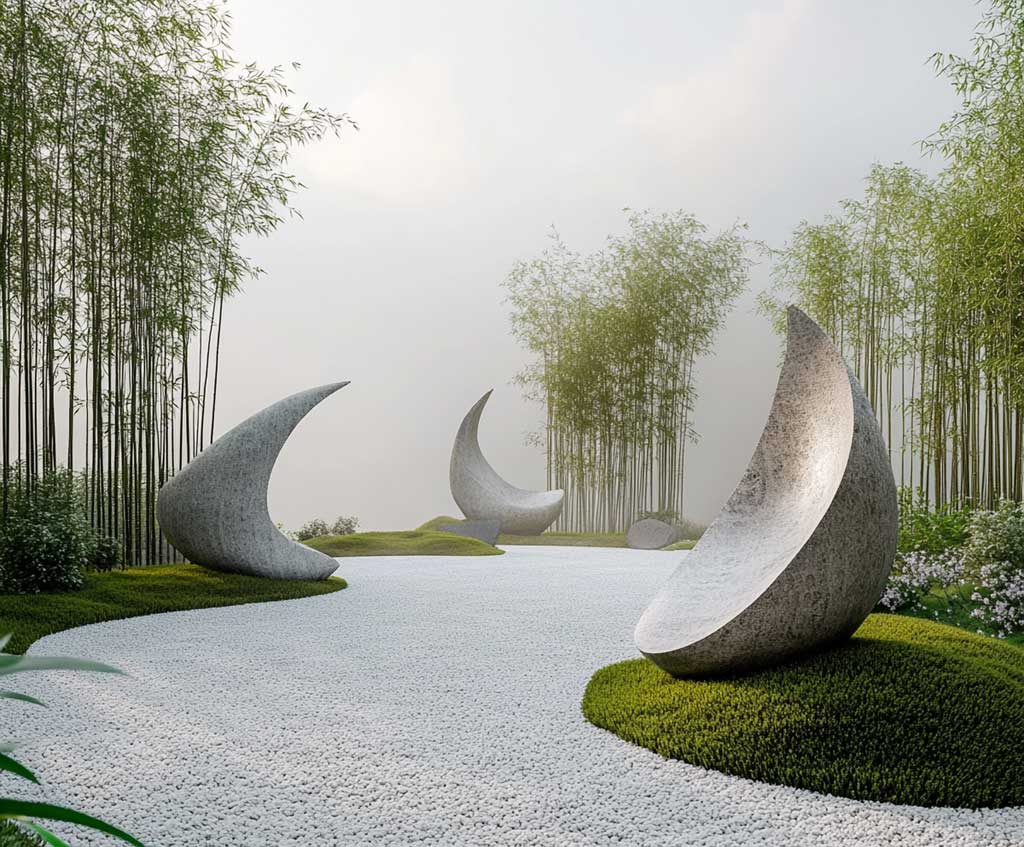 A minimalist garden set in a tranquil Zen style, featuring white gravel, soft green moss patches, and simple yet elegant stone sculptures. The sculptures are abstract, with smooth edges and subtle curves, positioned in thoughtful alignment along a meandering path. Surrounding the sculptures, bamboo plants stand tall and elegant, casting gentle shadows over the space. The sky is overcast with soft, diffused lighting, creating a serene and meditative atmosphere. Highly realistic rendering with meticulous details in texture and shading, with a calming ambiance.