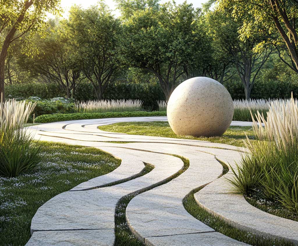 A modern garden with an abstract stone pathway, featuring large, flat stones arranged in a fluid, wavy pattern leading to a single minimalist stone sculpture at the center. The sculpture is smooth, round, and lightly polished, standing as a focal point amid a field of low-maintenance, green ground cover. The setting includes simple, tall grasses along the borders, gently swaying in a light breeze. Realistic lighting captures the subtle textures and shadows on each stone, adding depth and a serene ambiance.