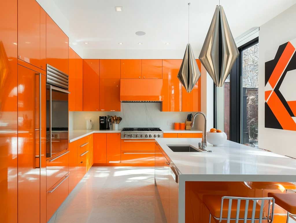 Artistic Good Kitchen Design with Statement Lighting and Wall Art