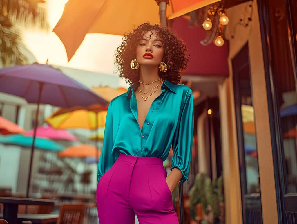A stylish individual wearing a turquoise silk blouse tucked into fuchsia high-waisted pants, accessorized with bold gold jewelry, standing in an upscale outdoor café with colorful umbrellas, full-body shot, golden hour lighting.