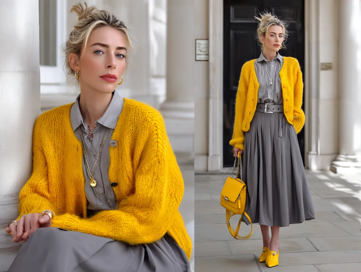 Chic Jumper Outfit Ideas with Yellow Cardigans and Gray Midi Skirts