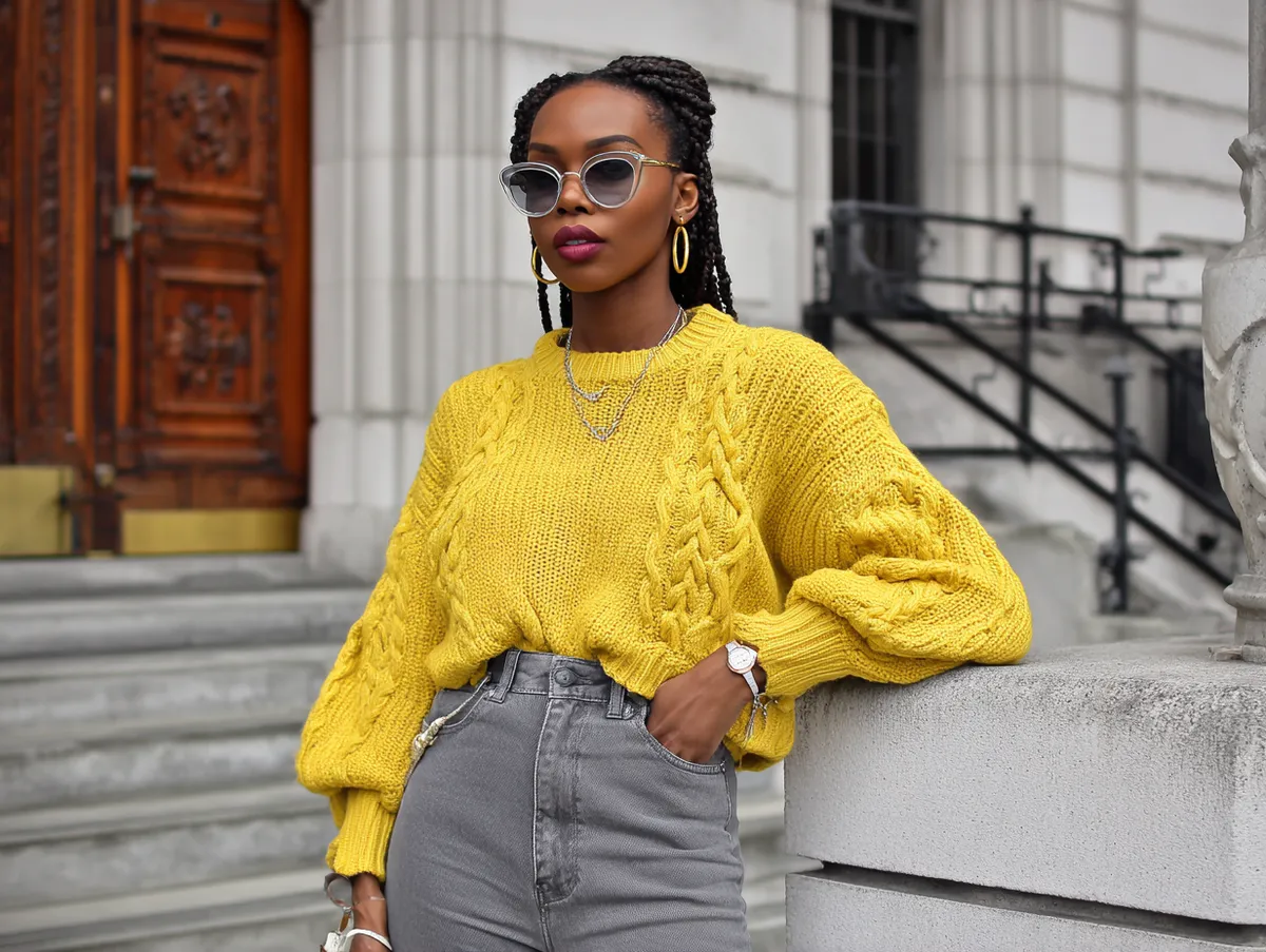 Relaxed Jumper Outfit Ideas with Yellow Knit Tops and Gray Denim