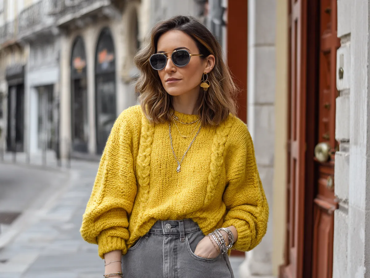 Relaxed Jumper Outfit Ideas with Yellow Knit Tops and Gray Denim - 2