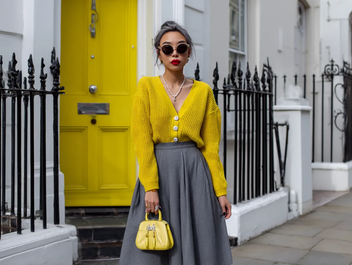 Chic Jumper Outfit Ideas with Yellow Cardigans and Gray Midi Skirts - 2