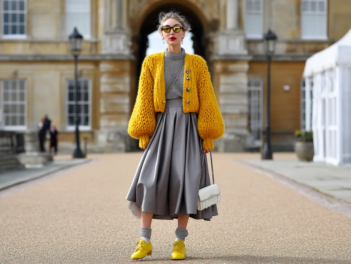 Chic Jumper Outfit Ideas with Yellow Cardigans and Gray Midi Skirts - 3