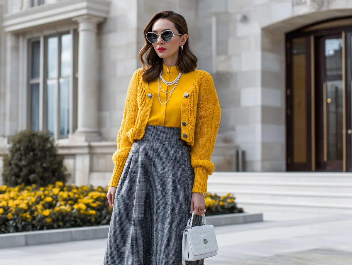 Chic Jumper Outfit Ideas with Yellow Cardigans and Gray Midi Skirts - 4