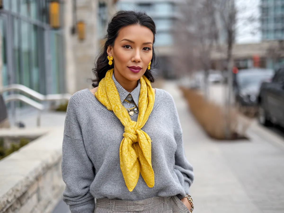 Layered Jumper Outfit Ideas with Gray Sweaters and Yellow Scarves - 4