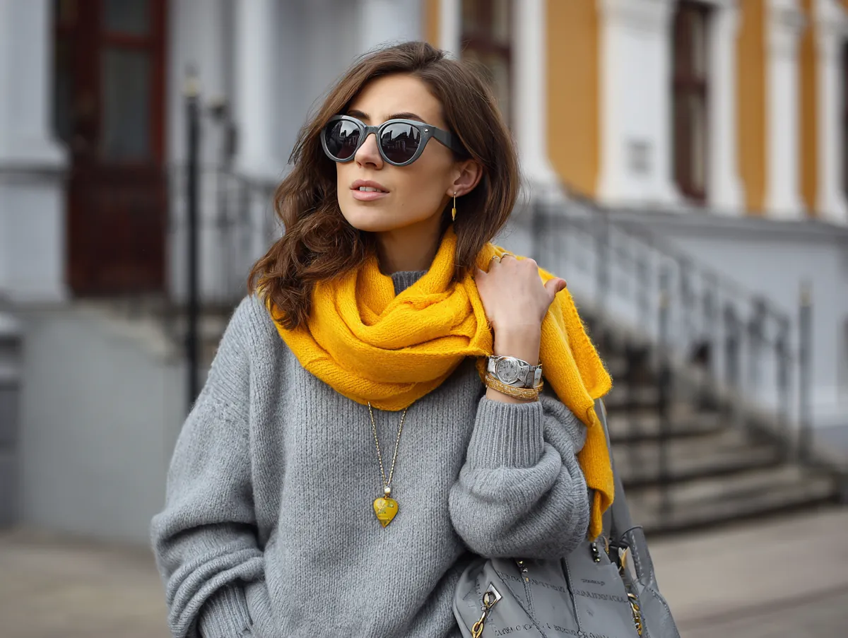 Layered Jumper Outfit Ideas with Gray Sweaters and Yellow Scarves - 2