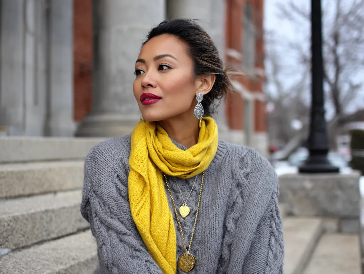 Layered Jumper Outfit Ideas with Gray Sweaters and Yellow Scarves - 3