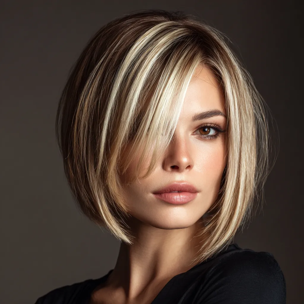 sleek medium short haircut with bold highlights