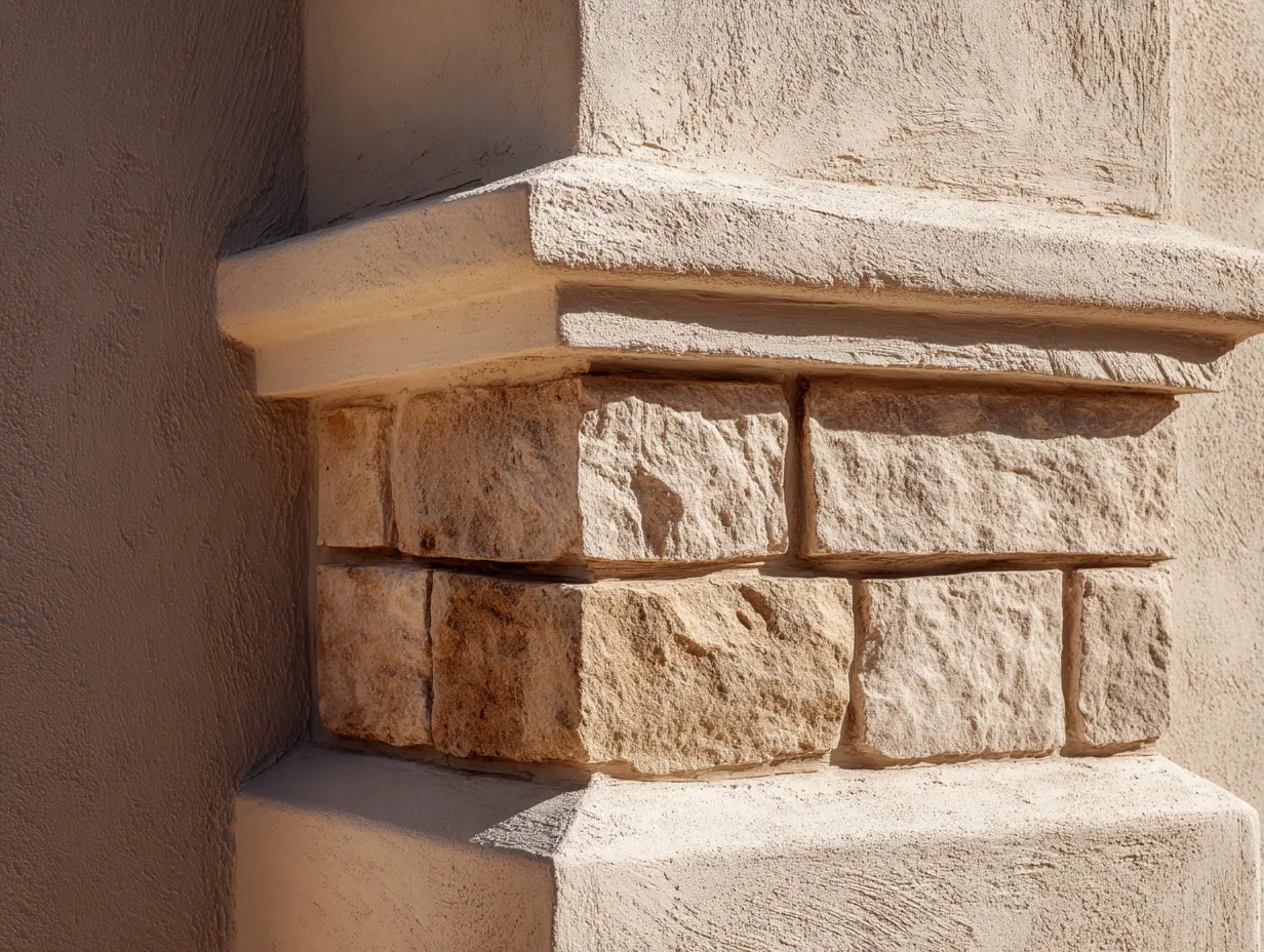 outside wall corner design with rustic stone trim