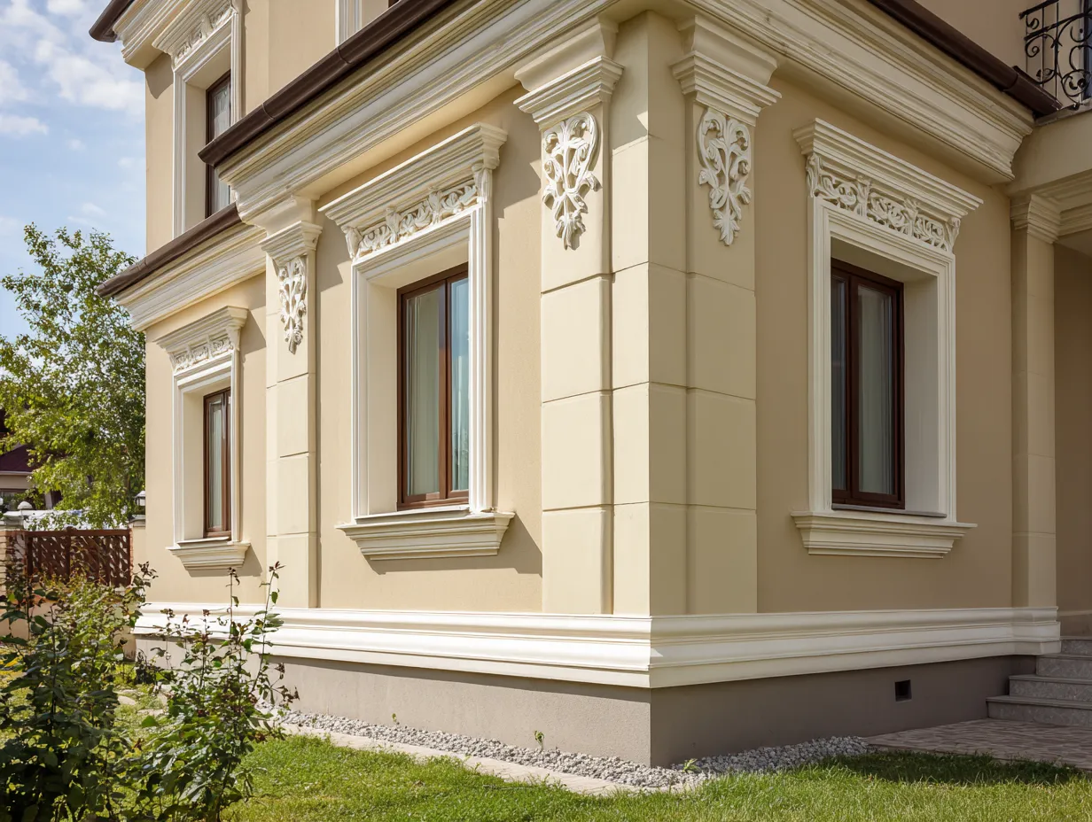 outside house corner design with stucco trim elements