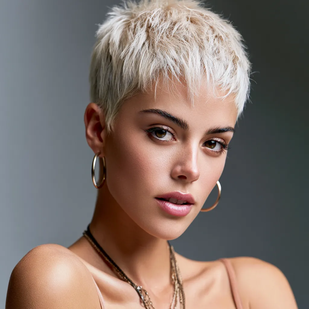 very short pixie haircut with layered white blonde textured crown edges