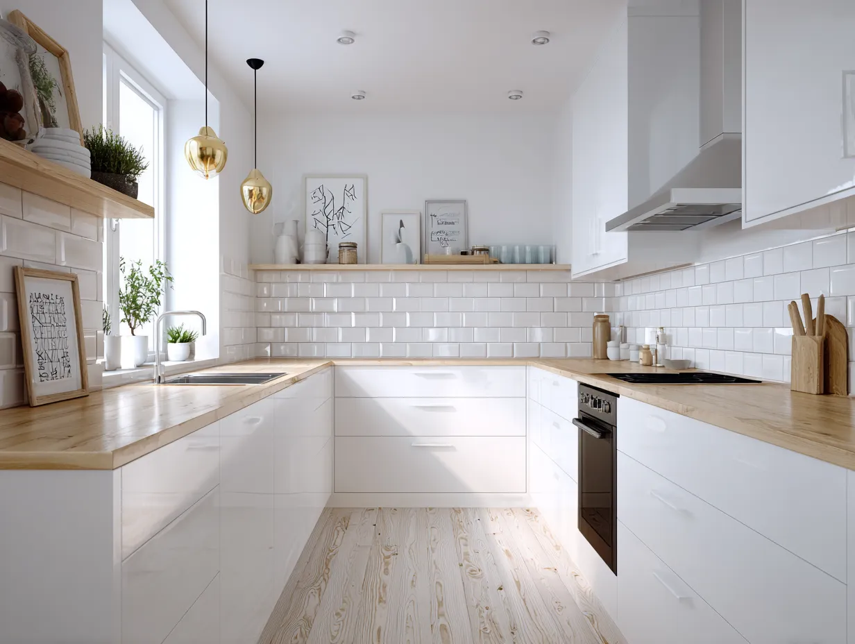 white scandi kitchen with wooden shelves