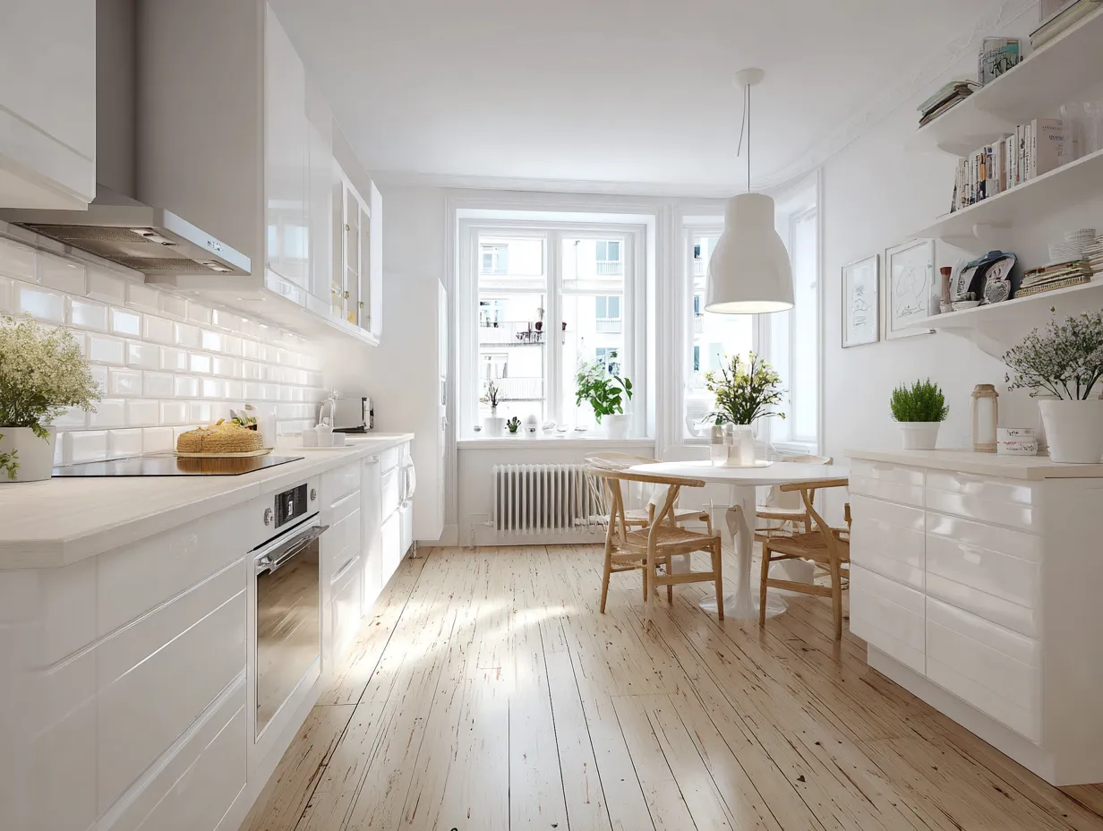 scandi kitchen white cabinets wood floor