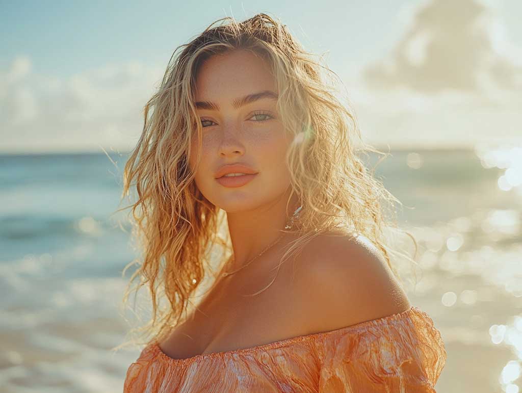 A confident woman with thick, golden blonde hair styled in loose, beach waves, standing on a sunny shore with golden reflections in her hair. The scene captures vibrant summer energy, focusing on the textured waves and natural highlights, cinematic lighting enhancing the golden hues.
