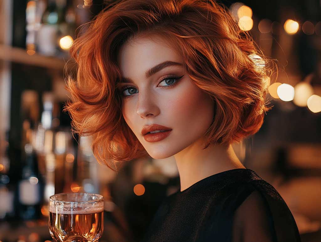 A stylish woman at an evening party, showcasing a radiant copper bixie haircut with voluminous layers and soft waves. The haircut features a luminous finish that reflects the warm tones of copper under ambient lighting. The background includes twinkling fairy lights, cocktails, and a festive atmosphere.