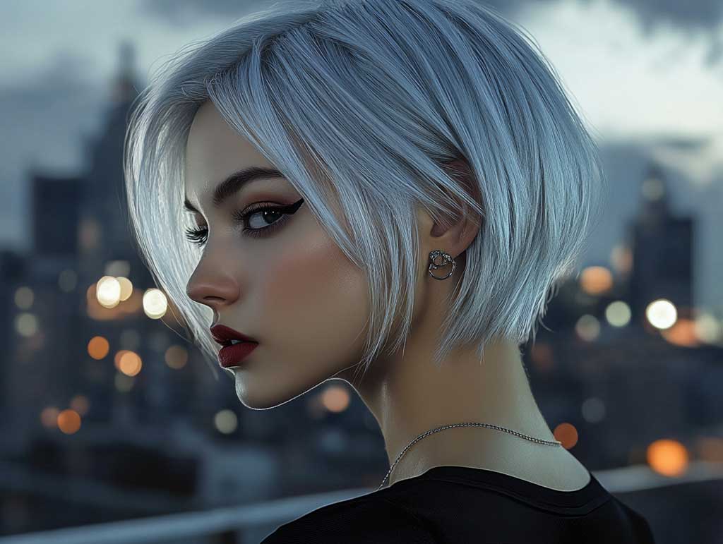 A fashionable woman with an icy silver bixie haircut, styled sleek and smooth, at an elegant rooftop evening party. The haircut features a sharp, modern finish with a luminous shine under the city lights. The background includes a nighttime skyline and a chic crowd.