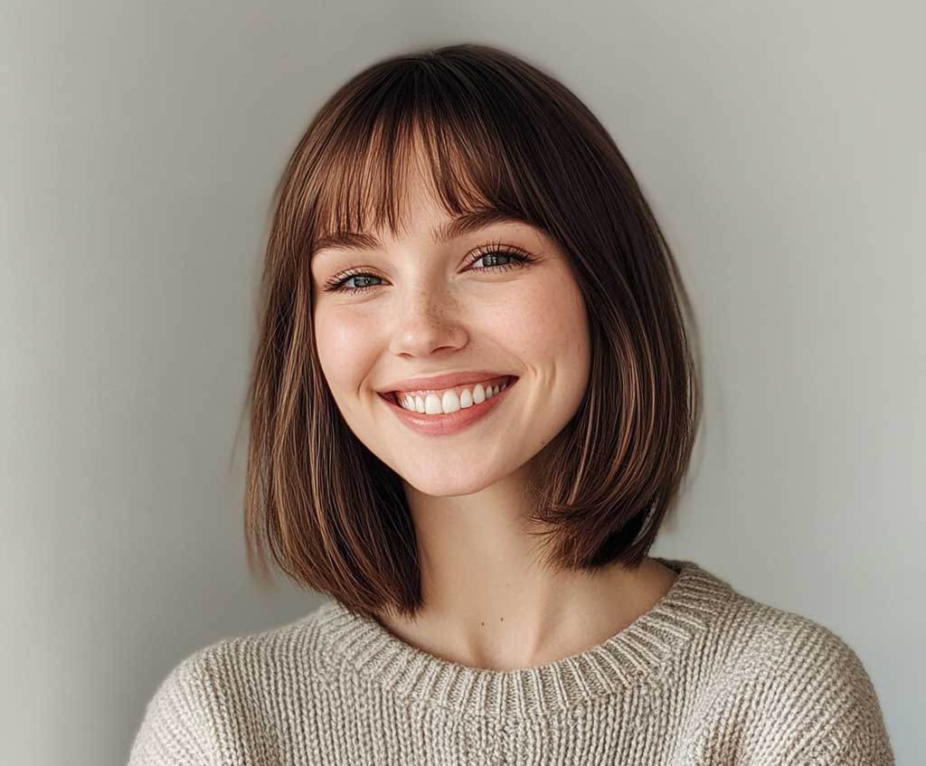 A smiling woman with a chic bob haircut with bangs in warm chestnut brown hair, subtle makeup, and a cozy sweater, standing in soft natural lighting. The hair is smooth, with the bangs slightly feathered and framing her face elegantly.