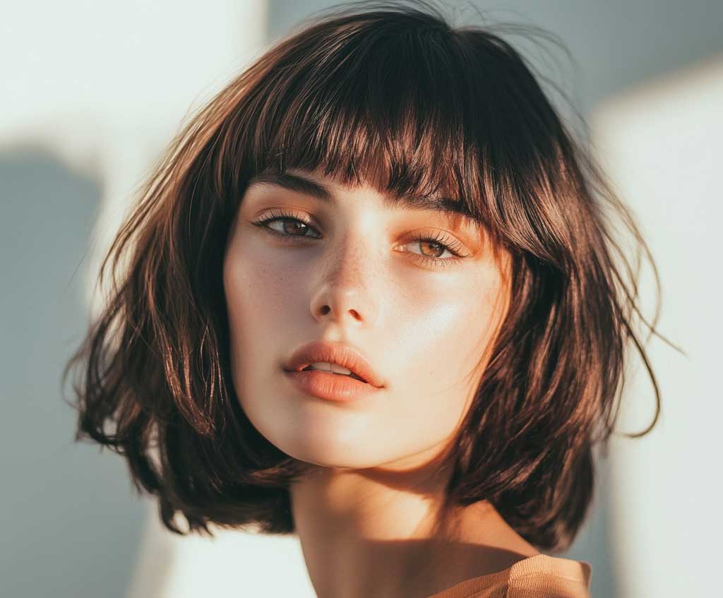 A stylish woman with a bob haircut with bangs featuring soft caramel highlights over dark brown hair, wearing a casual outfit, standing in sunlight. The hair has natural movement, with bangs softly sweeping across her forehead.