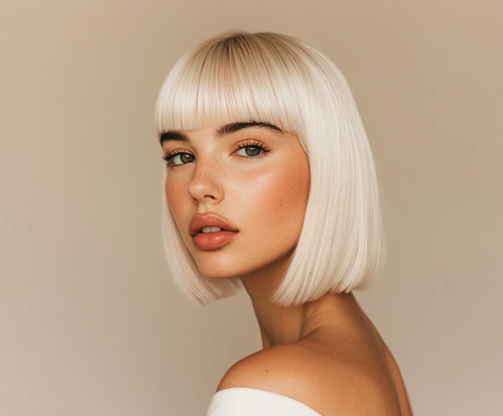 A confident woman with a sleek bob haircut with bangs in icy platinum blonde hair, glowing skin, soft makeup, and a stylish modern outfit, standing against a neutral background. The hair is smooth, reflecting light, with sharp bangs framing her face.