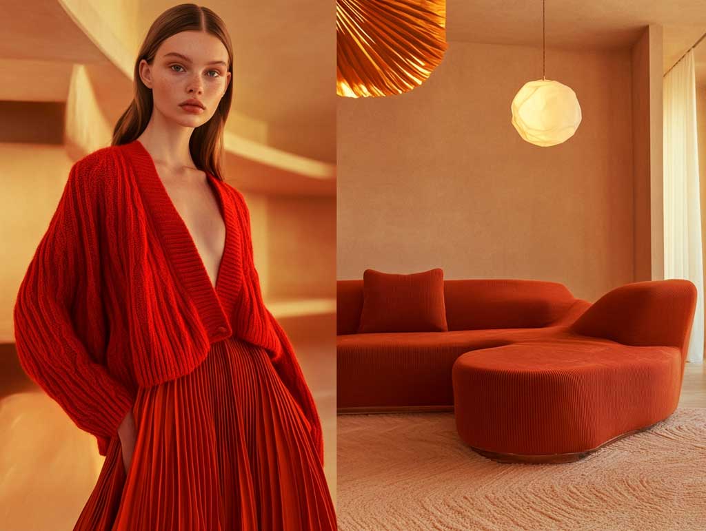 A stunning supermodel wearing a bold red cardigan and a pleated midi skirt, standing in an ultra-fashionable minimalist interior with striking geometric furniture and warm lighting. Full-length and close-up views highlighting confidence and texture contrast.