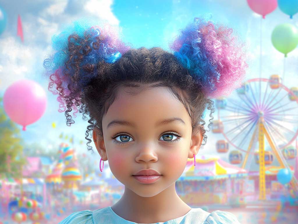 A joyful young child with coily hair styled into two high puffs, dyed in pastel pink and blue highlights. The background is a whimsical carnival scene with colorful candy, balloons, and a Ferris wheel, creating a playful and cheerful atmosphere.