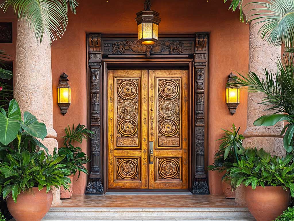 A grand wooden front door with meticulously carved mandala patterns, radiating symmetry and complexity. The door is polished to a rich sheen, framed by golden accents and a high stone arch. The entrance is surrounded by lush potted plants and illuminated by warm, ambient lighting.