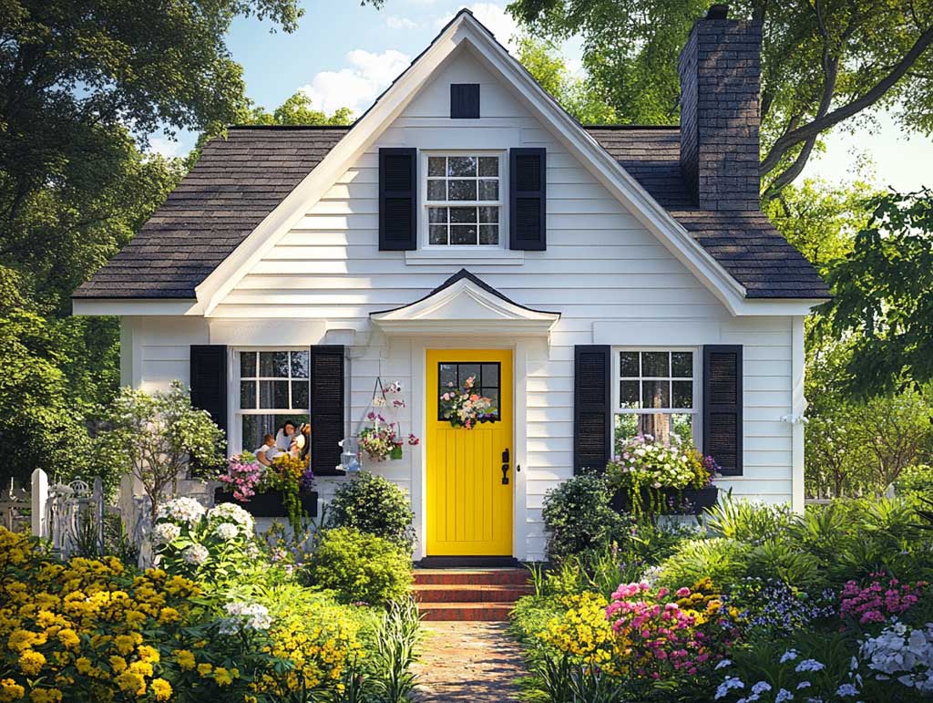 A charming cottage-style house with a bold sunshine yellow front door, surrounded by lush greenery and blooming flowers. White wooden exterior and black shutters frame the door. Sunlight enhances the yellow glow, creating a cheerful and welcoming atmosphere. A happy family stands in the doorway.