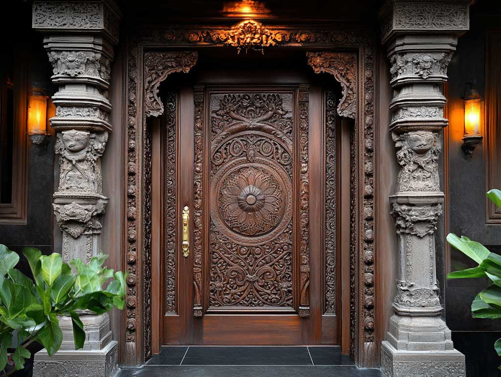 A richly carved front door showcasing traditional cultural motifs, such as mandalas and intricate paisleys. The door is crafted from dark-stained teakwood, surrounded by a detailed stone frame with subtle engravings. Warm ambient lighting highlights the artistry of the design.