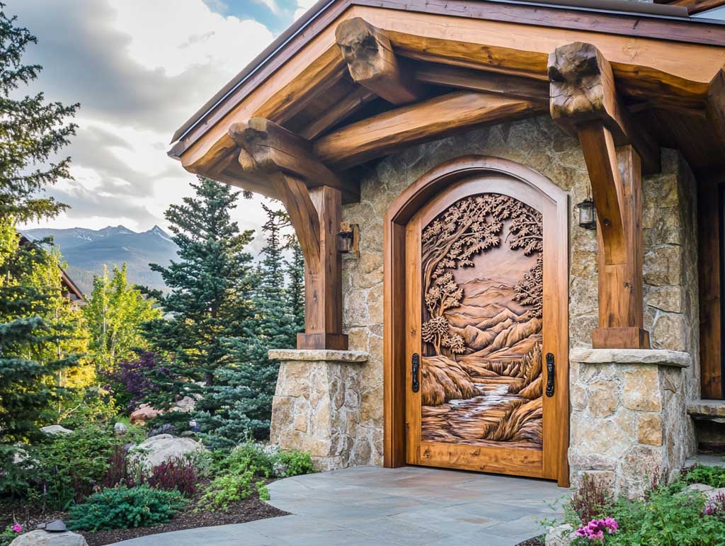 A robust wooden front door intricately carved with a natural landscape scene, including mountains, trees, and a flowing river. The house exterior features rustic stone walls and wooden beams, with soft, natural light filtering through surrounding greenery.
