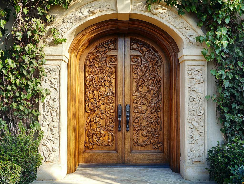A beautifully carved wooden front door featuring intricate floral patterns and vine motifs. The door is framed by a stone arch with soft greenery cascading around it. The house has a classic facade with warm neutral tones. Sunlight enhances the texture of the carvings, creating a warm and inviting atmosphere.