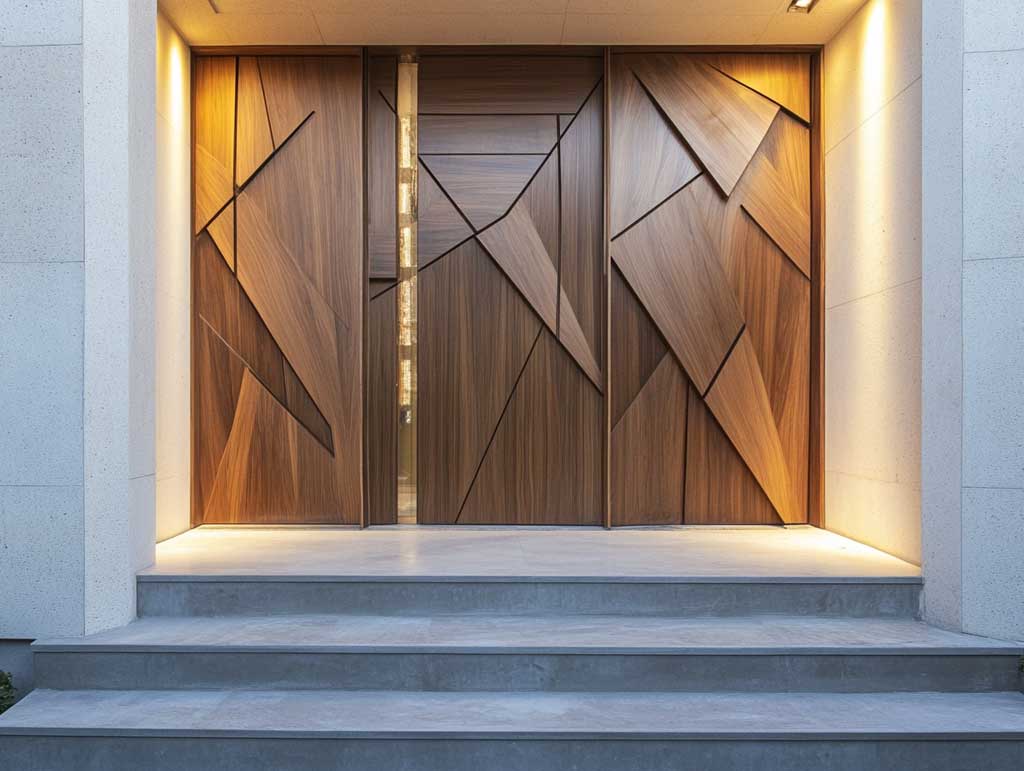 A sleek wooden front door with bold geometric carvings, including triangles, lines, and abstract shapes. The house features a minimalist design with clean white walls and polished concrete steps. A soft glow of evening light highlights the depth and texture of the carvings.