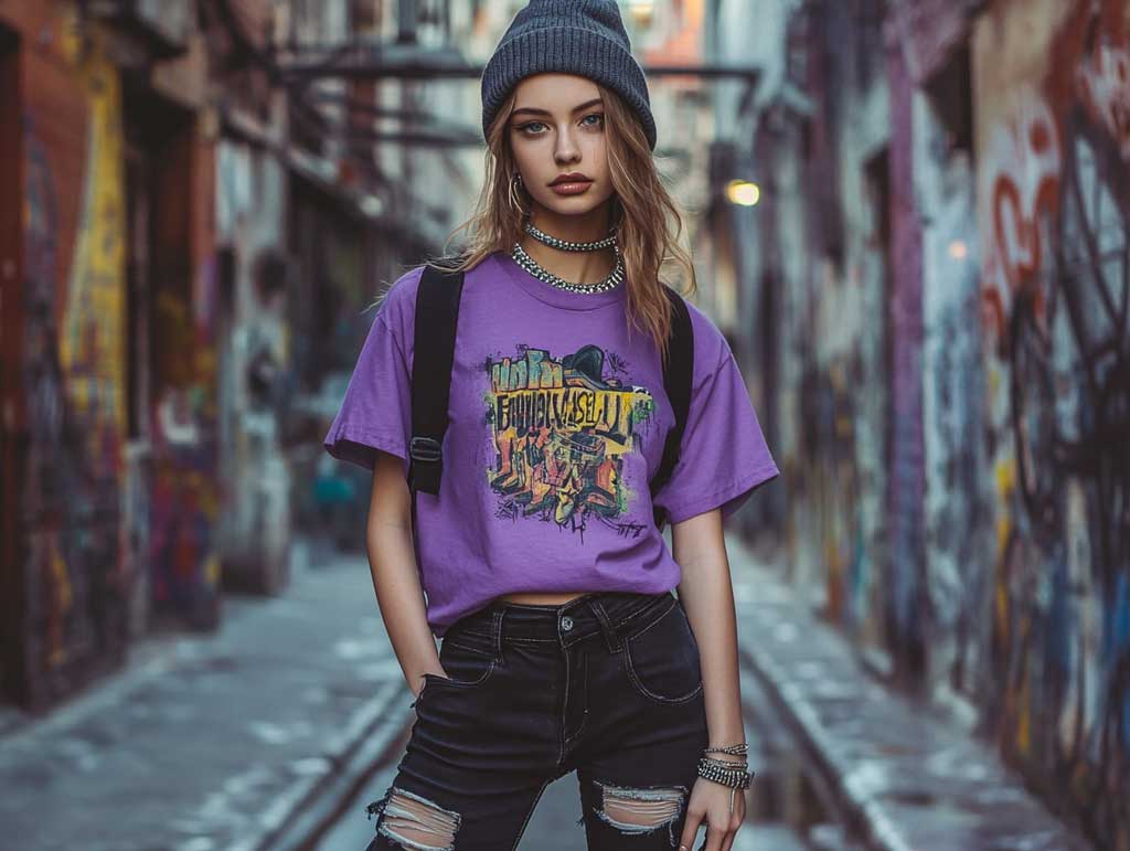 A stylish young adult in a slightly oversized moody purple graphic tee tucked into high-waisted black ripped jeans. The outfit is styled with charcoal accessories, including a beanie, backpack, and layered silver jewelry. The urban background features a graffiti-covered alley with ambient lighting.