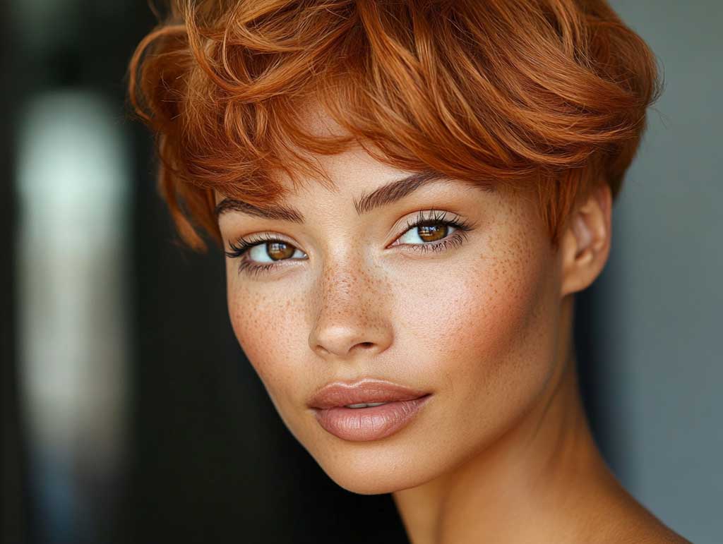 A confident woman with a caramel-toned pixie haircut, styled with textured layers. The cut adds volume at the crown, with soft, tousled strands framing her face. Warm caramel tones catch the light, enhancing depth and shine. Her face is fully visible, with a blurred background for emphasis.