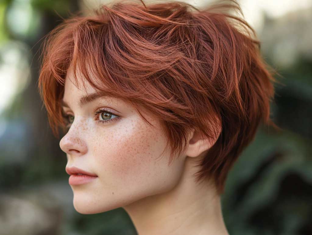 A woman with an auburn pixie haircut styled with layered texture and volume. The warm reddish tones shine under natural light, adding dimension to the hairstyle. The pixie cut emphasizes fullness, with soft layers framing her face. The background is blurred, with focus entirely on her hairstyle.