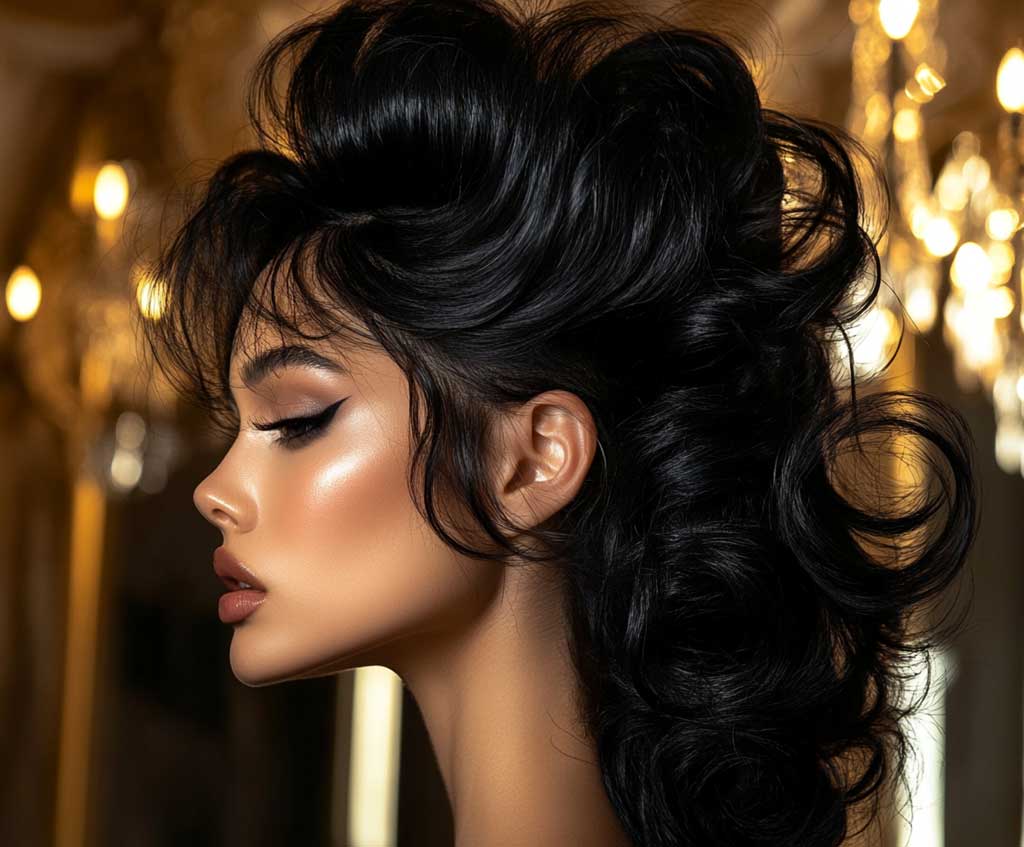A glamorous close-up of a woman with glossy jet black hair styled into a voluminous high ponytail. The hair shines under soft lighting, with subtle curls cascading down. The background exudes luxury with gold and black decor, emphasizing sophistication.