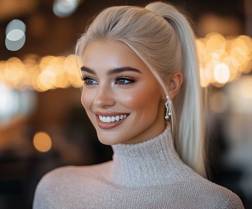 A stunning portrait of a smiling woman with ash blonde hair styled into a sleek high ponytail. Soft face-framing strands accentuate her radiant glow, with elegant accessories enhancing the style. The background features a luxurious event setting with warm ambient lighting, photographed in sharp detail.
